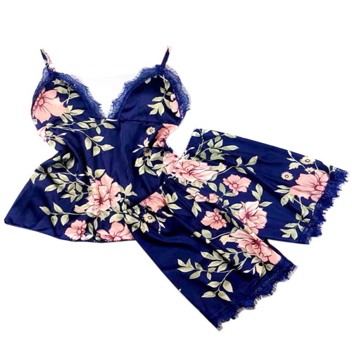Vêtements décontractés en soie pour dame Vêtements de nuit imprimés Deux pièces de pyjama confort