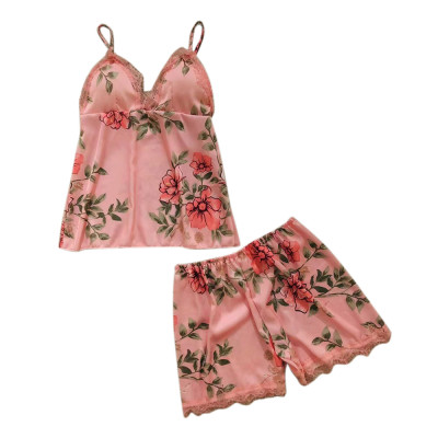 Viscose Floral Print With Lace Two Piece Pajamas Set Women Home Wear Casual