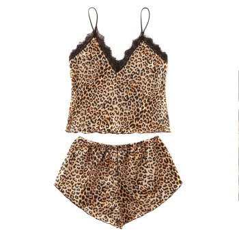Softest Silk Cozy Wild Style Sexy Leopard Print Sleeveless Two Pieces Pajamas Set For Sleepwear Party