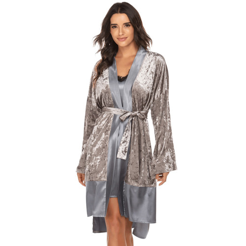 Woman's Velvet Nightgown, 2 Pieces Sets Long Sleeve Robe and Dress Sell at Factory Price