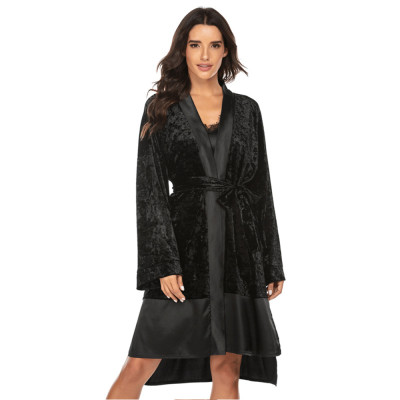 Woman's Velvet Nightgown, 2 Pieces Sets Long Sleeve Robe and Dress Sell at Factory Price