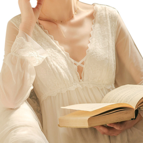 Thin Soft Chiffon Palace Style Transparent Mesh Women's Luxury Princess White Long Nightgown