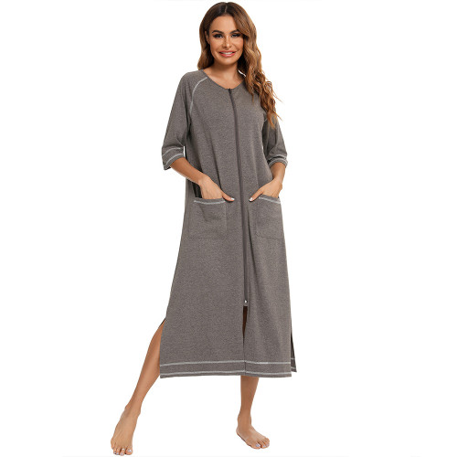 Knitting Cotton Three-quarter Sleeve Simple Zipper Style Maternity Nursing Nightgown For Pregnant Lady