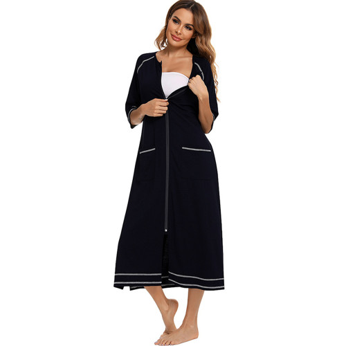 Knitting Cotton Three-quarter Sleeve Simple Zipper Style Maternity Nursing Nightgown For Pregnant Lady