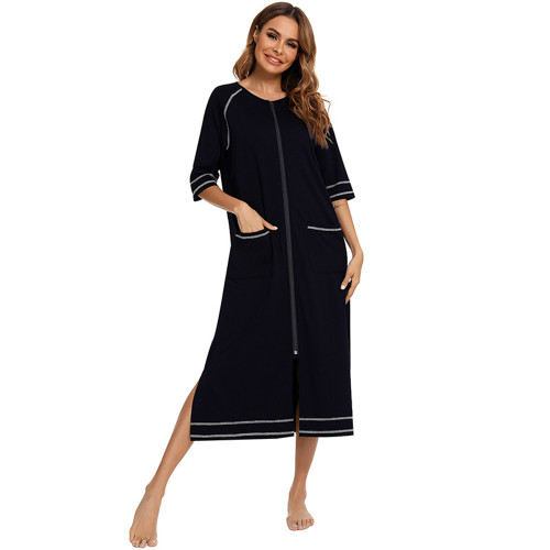 Knitting Cotton Three-quarter Sleeve Simple Zipper Style Maternity Nursing Nightgown For Pregnant Lady