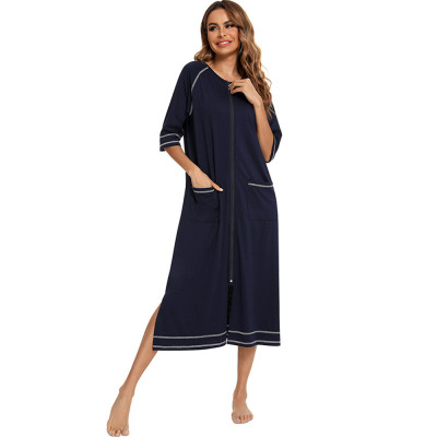 Knitting Cotton Three-quarter Sleeve Simple Zipper Style Maternity Nursing Nightgown For Pregnant Lady