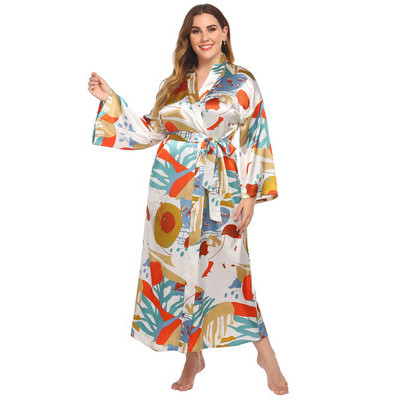 Women's Plus Size Long Silk Robe,Pretty Printing Large Loose Robes,Wholesale Robes Sleepwear
