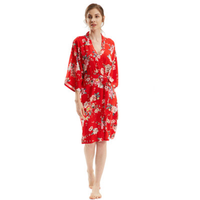 Silk Material Japanese Style Sweat Femme Floral Prints Kimono Robe for Bedroom