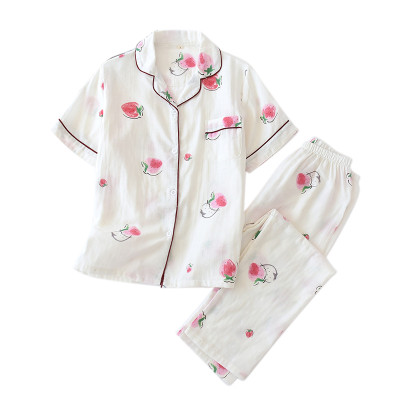 Women’s Cotton Pajamas, Short Sleeve Sleepwear Set, V-neck Printed Home Wear Wholesale