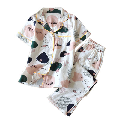 Women’s Cotton Pajamas, Short Sleeve Sleepwear Set, V-neck Printed Home Wear Wholesale
