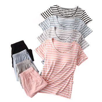 Striped pajama set, Customized Printing O-neck short sleeves Sleepwear for bedroom