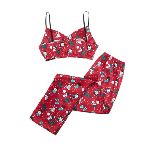Women's Pajamas Set, Sleeveless Satin Sleepwear, Cute Christmas Printing Factory Price