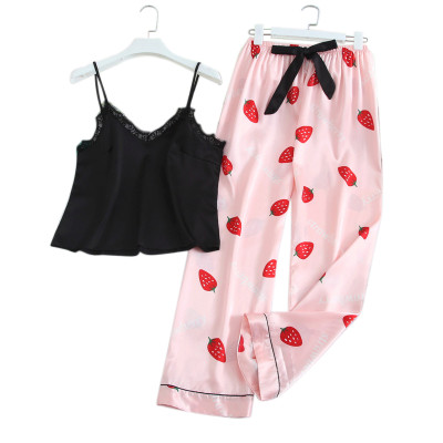 Women's Silk Pajamas, Floral Printing Clothes Sleeveless Pants China Manufacturer