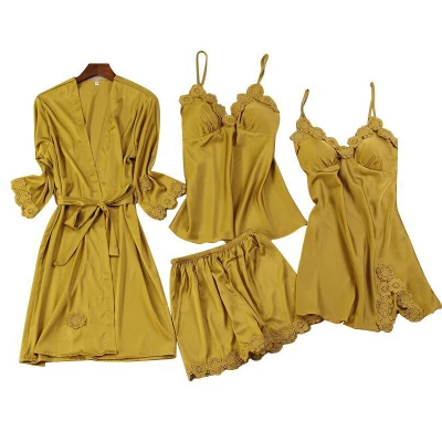 Fabricant multi-pièces de pyjamas en gros Ensembles Robe longue en dentelle de soie Lady Pretty Wear