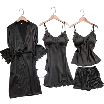 Lace Multi-piece of pajamas, high quality Solid 4-piece set sleepwear for bedroom