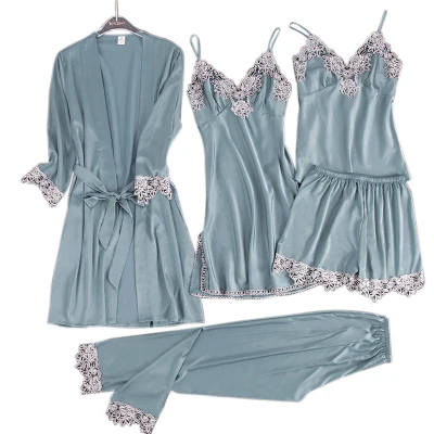 Le fournisseur en gros de pyjamas multi-pièces définit le satin de confort en soie de dentelle pour les vêtements de nuit pour femmes