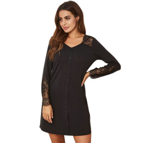 Cotton Knitting Elegant and Causal Style Stitching Lace Button Up Night Dress for Ladies Factory Price