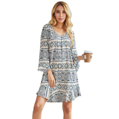 Butterfly Mesh Stretchy Fabric Retro Fashion Prints  Knee-length Date Night Dresses Long Sleeve for Women