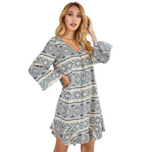 Butterfly Mesh Stretchy Fabric Retro Fashion Prints  Knee-length Date Night Dresses Long Sleeve for Women
