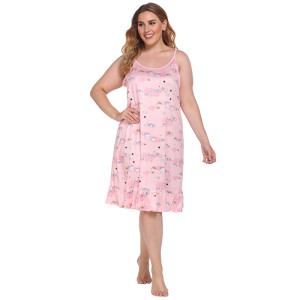 Milk Silk Cute Patterns Plus Size Pink Nightgown Sleeveless Slip Dress Long For Lady