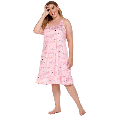 Milk Silk Cute Patterns Plus Size Pink Nightgown Sleeveless Slip Dress Long For Lady