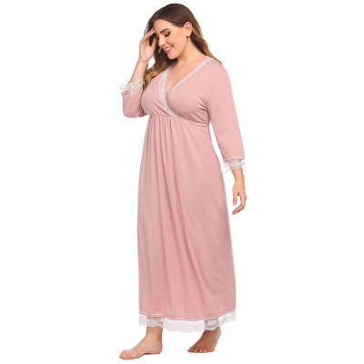 Soft Imitation Cotton Low V-neck Pink Nightgown With White Lace for Women With a Fuller Figure.