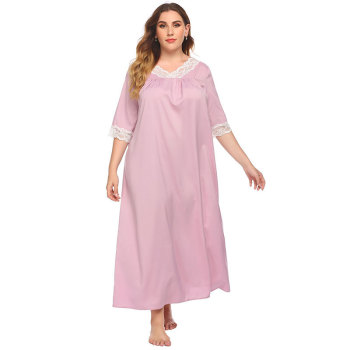 Stretchy Butterflymesh Fabric One Piece Plus Size Long Pink Nightgown With White Lace Sleepwear Factory Cheap Price