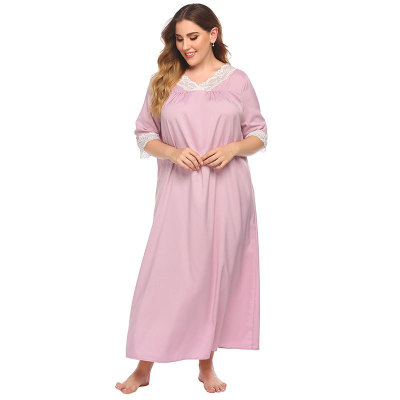 Stretchy Butterflymesh Fabric One Piece Plus Size Long Pink Nightgown With White Lace Sleepwear Factory Cheap Price