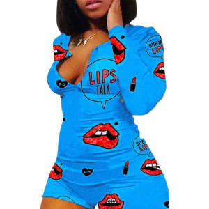Woman's Onesie, Long Sleeve Shorts Lips Printing Low V-neck Jumpsuit Wholesale
