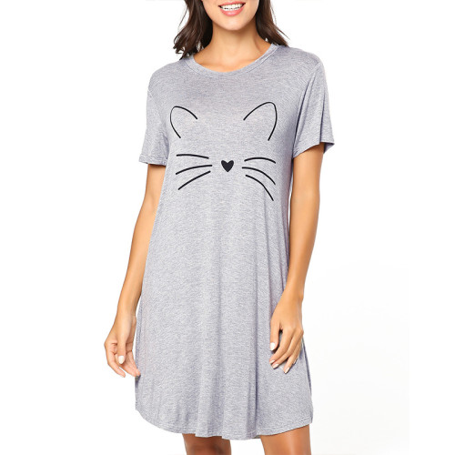 O neck Nightgown Women Summer,Cute Printing Loose sleepwear for bedroom Wholesale
