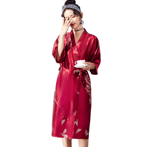 Women's Plus Size Silk Robe,Drop Shipping Ladies Feather Printing Bathrobes,Knee-length Nighty Pajamas Wear Wholesale