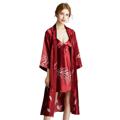 Women's Plus Size Silk Robe,Drop Shipping Ladies Feather Printing Bathrobes,Knee-length Nighty Pajamas Wear Wholesale