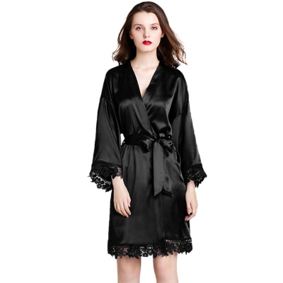 Long Sleeve Silk Robe,Ladies Shiny Nightgown,Lace Design Woven Glossy Bathrobes Plus Size Wholesale Woman Pajama China
