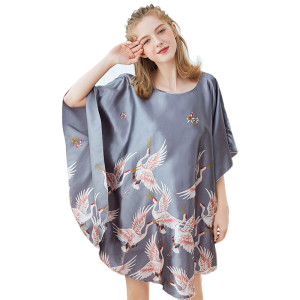 Silk satin night dress,Pretty Printing Loose Elegant Women Nightdress,Wholesale