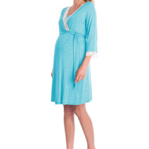 Soft Cotton Three-quarter Sleeve V-neck Maternity Robe With White Lace For Pregnant Lady