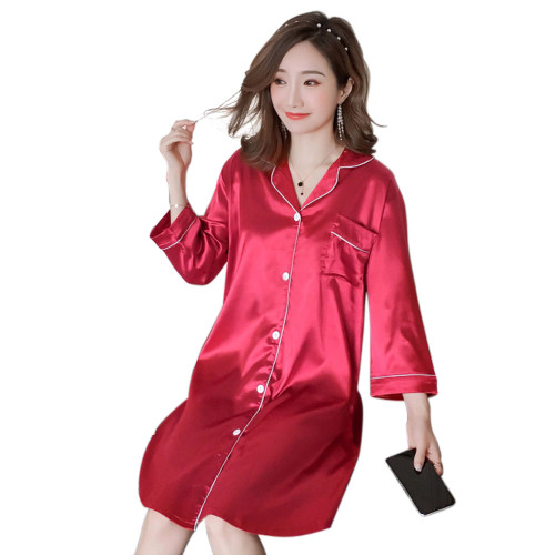 Nightshirts Long Sleeve, Women Loose M-5XL Silk V-neck Customized Wholesale Nightgown