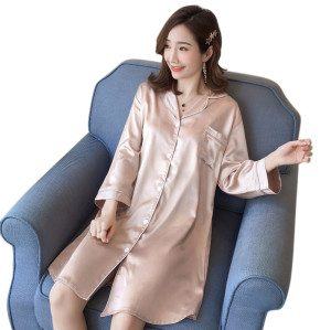 Nightshirts Long Sleeve, Women Loose M-5XL Silk V-neck Customized Wholesale Nightgown