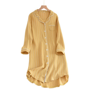 Nightshirts long sleeve for woman, stripe cotton crepe sleepwear, factory wholesale