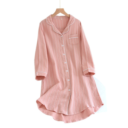 Nightshirts long sleeve for woman, stripe cotton crepe sleepwear, factory wholesale