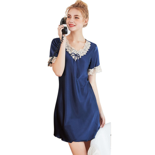 Thin Imitation Silk One Piece Summer Luxury Style Princess Lace Nightgown With V-neck For Women