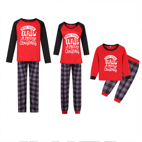 Kids Christmas Pajamas,Red Top and Plaid Pants Loose Casual,Manufacturers Fashion Cheap Clothes for Family