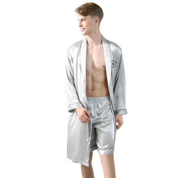 Men's Silk Pajamas Set,Solid Long Sleeve Robe Shorts Set, High Quality Shiny Fabric Wholesale Men Pjs