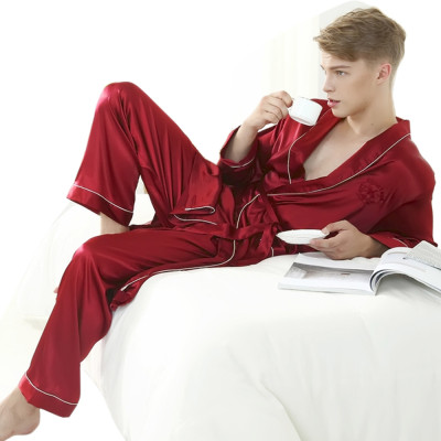 Man's Pajamas Set, Simple Long Sleeve Two Piece Men's Silk Nightgown, Wholesale OEM/ODM