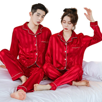 Couple Silk Pajamas, Women's Long Sleeve Home Wear Set Strip Solid Color, OEM / ODM Service