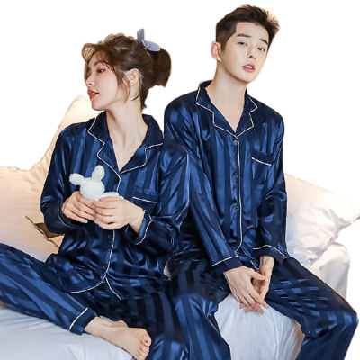 Couple Silk Pajamas, Women's Long Sleeve Home Wear Set Strip Solid Color, OEM / ODM Service
