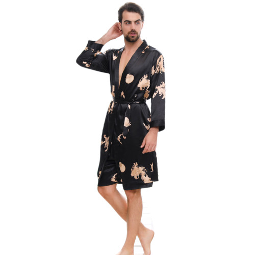 Men's Silk Robe, Men's Kimono Printed Bathrobe Cardigan Knee-length Bathrobe Low MOQ