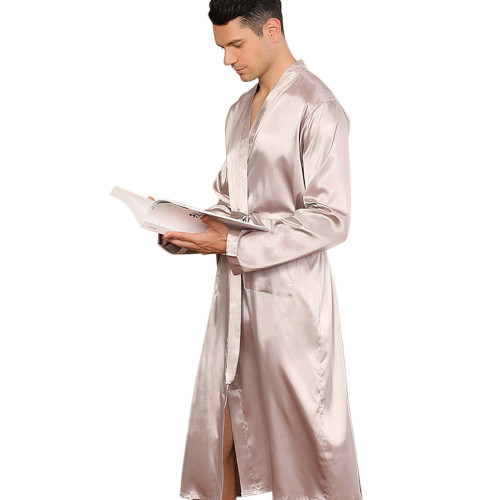 Silk Men's Robe, Cardigan Nightgown Loose Long Sleeve, Wholesale Spring and Autumn Glossy Bathrobe