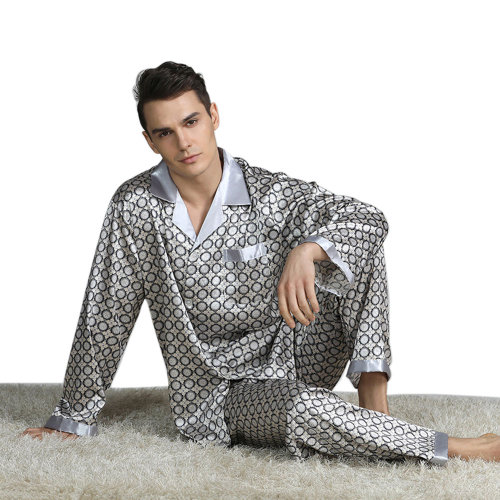 Silk Pajama Set, Men's European and American Style Sleepwear, Thin Lapel Leisure, Factory Outlet