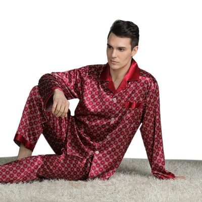 Silk Pajama Set, Men's European and American Style Sleepwear, Thin Lapel Leisure, Factory Outlet