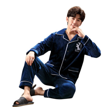 Men's Flannel Pajamas, Men's Long Sleeve Plush Thicken Set, Leisure Sleepwear China Factory
